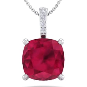 1 1/2 Carat Cushion Cut Ruby and Hidden Halo Diamond Necklace In 14 Karat White Gold, 18 Inches