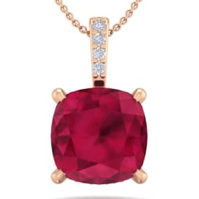 1 1/2 Carat Cushion Cut Ruby and Hidden Halo Diamond Necklace In 14 Karat Rose Gold, 18 Inches