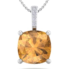 1 Carat Cushion Cut Citrine and Hidden Halo Diamond Necklace In 14 Karat White Gold, 18 Inches