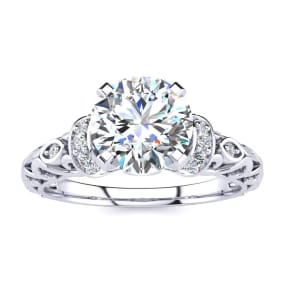 Moissanite Engagement Ring; 1 1/4 Carat Vintage Moissanite Engagement Ring In 14 Karat White Gold