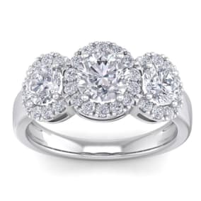 2 1/2 Carat Round Shape Halo Diamond Three Stone Ring In 14K White Gold