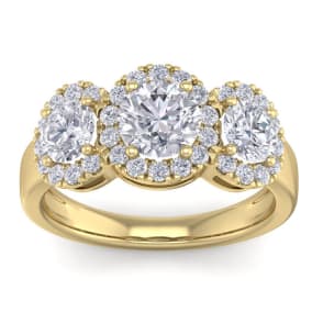 2 1/2 Carat Round Shape Halo Diamond Three Stone Ring In 14K Yellow Gold