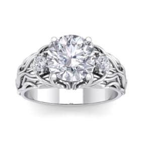 3 1/4 Carat Round Shape Diamond Intricate Vine Engagement Ring In 14 Karat White Gold