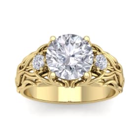 3 1/4 Carat Natural Round Shape Diamond Intricate Vine Engagement Ring In 14 Karat Yellow Gold