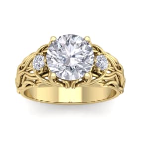 3 1/4 Carat Round Shape Diamond Intricate Vine Engagement Ring In 14 Karat Yellow Gold