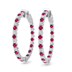 5 Carat Ruby and Diamond Hoop Earrings In 14 Karat White Gold, 1 1/4 Inch