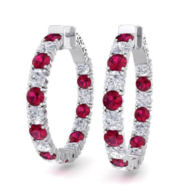 7 Carat Ruby and Diamond Hoop Earrings In 14 Karat White Gold, 1 1/4 Inch