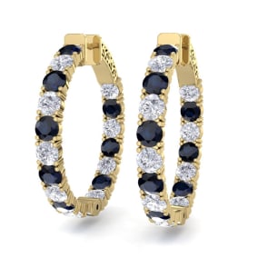 7 Carat Sapphire and Diamond Hoop Earrings In 14 Karat Yellow Gold, 1 1/4 Inch