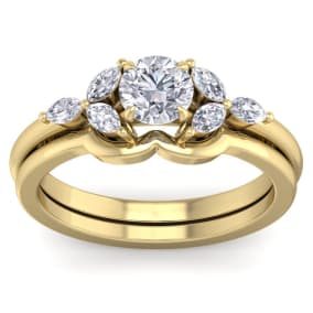 1 Carat Natural Round and Marquise Diamond Bridal Set In 14 Karat Yellow Gold