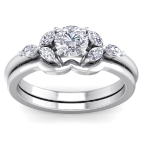 1 Carat Natural Round and Marquise Diamond Bridal Set In 14 Karat White Gold