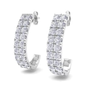 3 Carat Natural Diamond J Hoop Earrings In 14 Karat White Gold. Incredibly Beautiful Important Hoop Earrings With Loads Of Shimmering Diamonds!