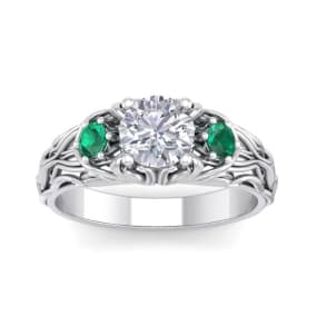 Moissanite Engagement Ring; 1 1/4 Carat Round Shape Moissanite and Emerald Intricate Vine Engagement Ring In 14 Karat White Gold