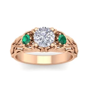 Moissanite Engagement Ring; 1 1/4 Carat Round Shape Moissanite and Emerald Intricate Vine Engagement Ring In 14 Karat Rose Gold