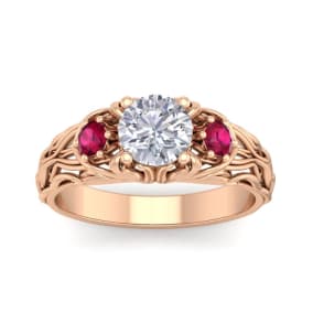 Moissanite Engagement Ring; 1 1/4 Carat Round Shape Moissanite and Ruby Intricate Vine Engagement Ring In 14 Karat Rose Gold