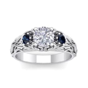 Moissanite Engagement Ring; 1 1/4 Carat Round Shape Moissanite and Sapphire Intricate Vine Engagement Ring In 14 Karat White Gold