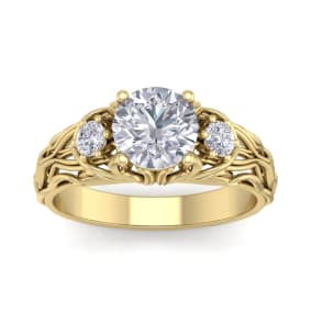 Moissanite Engagement Ring; 1 3/4 Carat Round Shape Moissanite Intricate Vine Engagement Ring In 14 Karat Yellow Gold