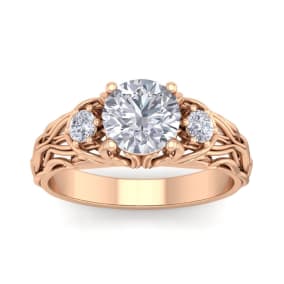 Moissanite Engagement Ring; 1 3/4 Carat Round Shape Moissanite Intricate Vine Engagement Ring In 14 Karat Rose Gold