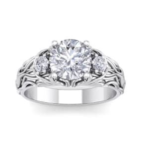 Moissanite Engagement Ring; 2 1/4 Carat Round Shape Moissanite Intricate Vine Engagement Ring In 14 Karat White Gold