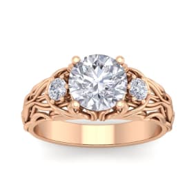 Moissanite Engagement Ring; 2 1/4 Carat Round Shape Moissanite Intricate Vine Engagement Ring In 14 Karat Rose Gold