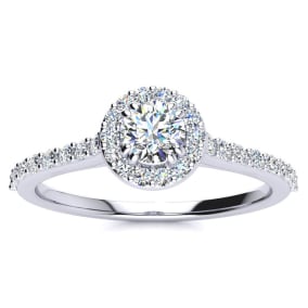 Moissanite Engagement Ring; 1/2 Carat Round Shape Halo Moissanite Engagement Ring In 14 Karat White Gold