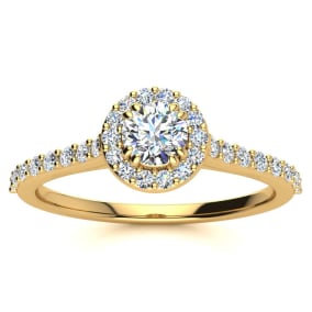 Moissanite Engagement Ring; 1/2 Carat Round Shape Halo Moissanite Engagement Ring In 14 Karat Yellow Gold