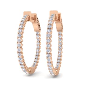 1 Carat Diamond Hoop Earrings In 14 Karat Rose Gold, 3/4 Inch