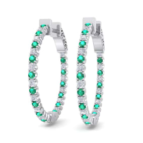 1 Carat Emerald and Diamond Hoop Earrings In 14 Karat White Gold, 3/4 Inch