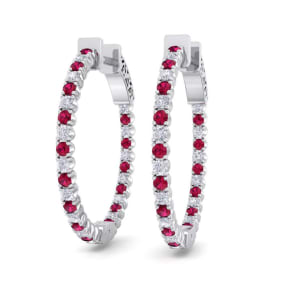 1 Carat Ruby and Diamond Hoop Earrings In 14 Karat White Gold, 3/4 Inch