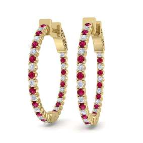 1 Carat Ruby and Diamond Hoop Earrings In 14 Karat Yellow Gold, 3/4 Inch