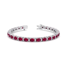 Ruby Bracelet; Ruby Tennis Bracelet; 7 Carat Oval Shape Ruby and Diamond Bracelet In 14 Karat White Gold