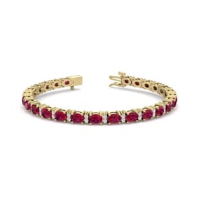 Ruby Bracelet; Ruby Tennis Bracelet; 7 Carat Oval Shape Ruby and Diamond Bracelet In 14 Karat Yellow Gold