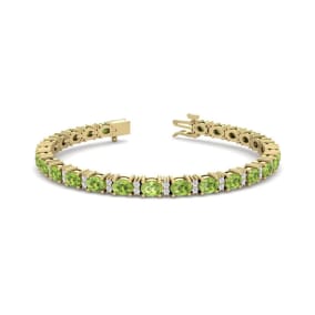 5 3/4 Carat Oval Shape Peridot and Diamond Bracelet In 14 Karat Yellow Gold, 7 Inches