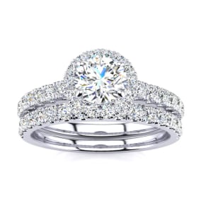 1/2 Carat Round Moissanite Halo Bridal Set In 14 Karat White Gold
