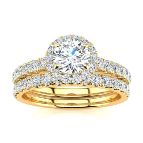 1 Carat Round Moissanite Halo Bridal Set In 14 Karat Yellow Gold