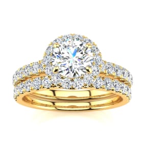 1 1/2 Carat Round Moissanite Halo Bridal Set In 14 Karat Yellow Gold