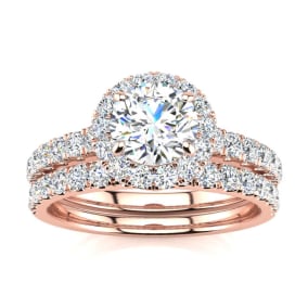 Moissanite Engagement Ring; 1 1/2 Carat Round Moissanite Halo Bridal Set In 14 Karat Rose Gold