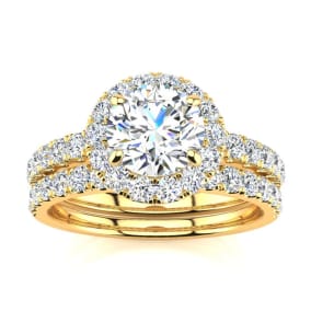 Moissanite Engagement Ring; 2 Carat Round Moissanite Halo Bridal Set In 14 Karat Yellow Gold