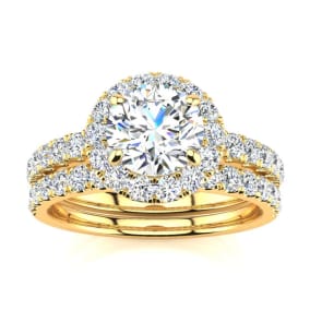 2 Carat Round Moissanite Halo Bridal Set In 14 Karat Yellow Gold