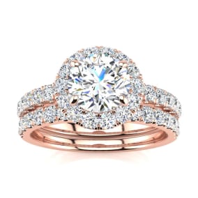 Moissanite Engagement Ring; 2 Carat Round Moissanite Halo Bridal Set In 14 Karat Rose Gold