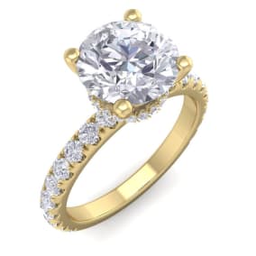 Moissanite Engagement Ring; 2 1/2 Carat Round Shape Hidden Halo Moissanite Engagement Ring In 14 Karat Yellow Gold