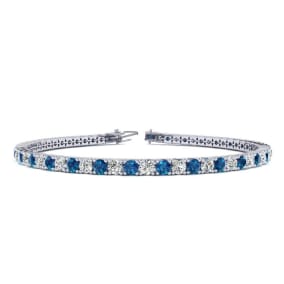 3 1/2 Carat Blue And White Diamond Mens Tennis Bracelet In 14 Karat White Gold, 9 Inches