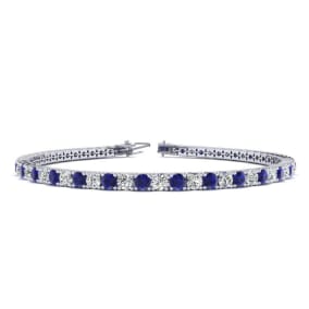 4 1/3 Carat Natural Sapphire And Diamond Mens Tennis Bracelet In 14 Karat White Gold, 9 Inches