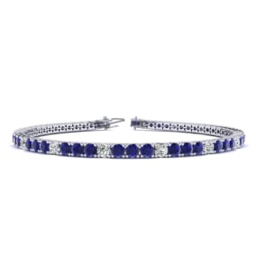 4 3/4 Carat Natural Sapphire And Diamond Alternating Mens Tennis Bracelet In 14 Karat White Gold, 9 Inches