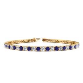 5 Carat Natural Sapphire And Diamond Mens Tennis Bracelet In 14 Karat Yellow Gold, 8 Inches