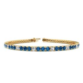 4 1/2 Carat Blue And White Diamond Alternating Mens Tennis Bracelet In 14 Karat Yellow Gold, 8 Inches