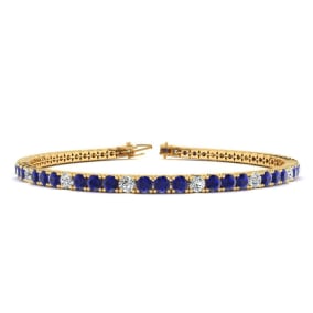 5 1/2 Carat Natural Sapphire And Diamond Alternating Mens Tennis Bracelet In 14 Karat Yellow Gold, 8 Inches