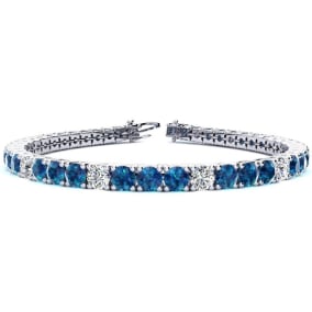 9 3/4 Carat Blue and White Diamond Alternating Mens Tennis Bracelet In 14 Karat White Gold, 7 1/2 Inches