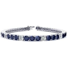 12 3/4 Carat Natural Sapphire and Diamond Alternating Mens Tennis Bracelet In 14 Karat White Gold, 7 1/2 Inches