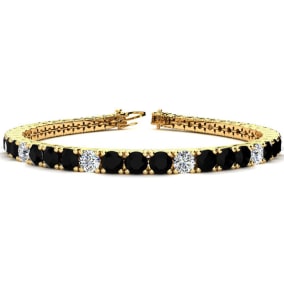 11 1/5 Carat Mens Black Diamond Tennis Bracelet, White Diamond, In 14 Karat Yellow Gold, 8 1/2 Inches