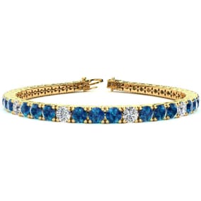 11 1/5 Carat Blue and White Diamond Alternating Mens Tennis Bracelet In 14 Karat Yellow Gold, 8 1/2 Inches